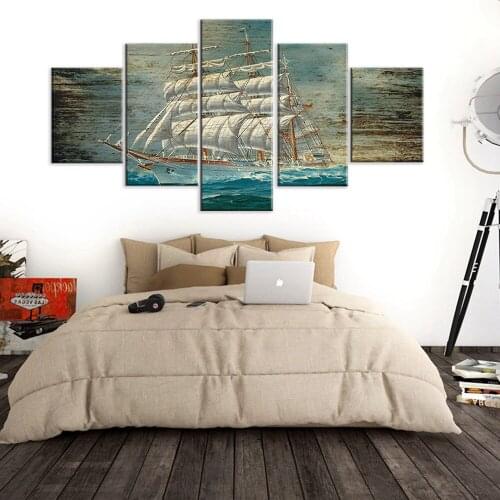 Modular 5 Pieces Sun Boat Night Pirate Sailboat Sea Wave Poster Canvas Art Prints Wall Picture Painting Home Decor Office