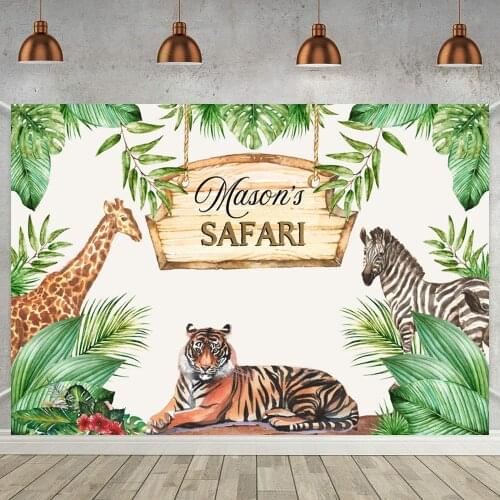 Cartoon Animals Safari Party Backdrop Tropical Forest Leaves Tiger Zebra Kids Birthday Decor Photo Background Vinyl