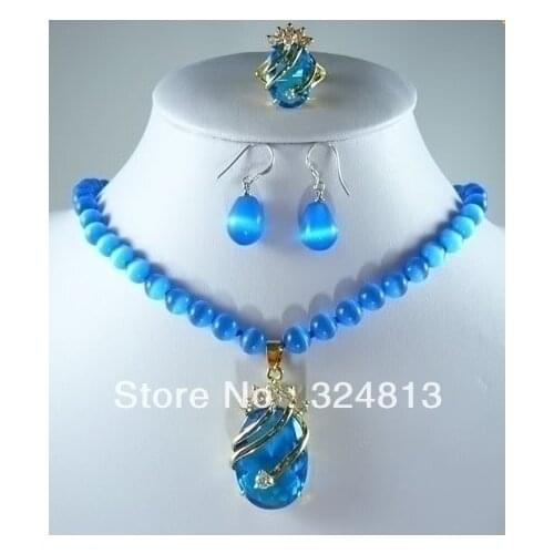 Hot selling> New blue opal necklace crystal pendant earring ring set #1036 -Bride jewelry free shipping