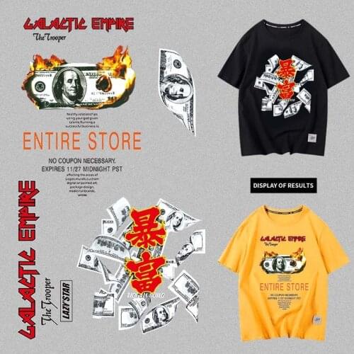 US dollar bills printed on clothes heat transfer stickers for young people T-shirt flame English letters iron in DIY accessories