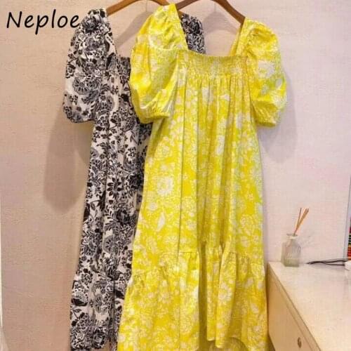 Neploe Korea 2021 Summer New Retro Vestidos Square Neck Print Floral Robes Female Fashion Loose RobesMidi Dresses for Women