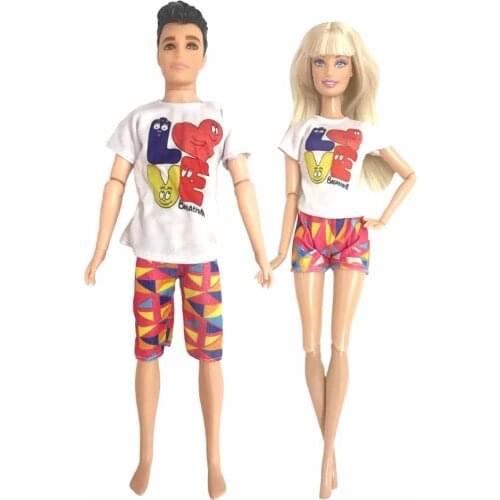 NK 2 Pcs /Set Doll Couple Dress White Love Skirt Shorts Pants For Barbie Doll Accessories Boy Girl Clothes For Ken Doll Outfit