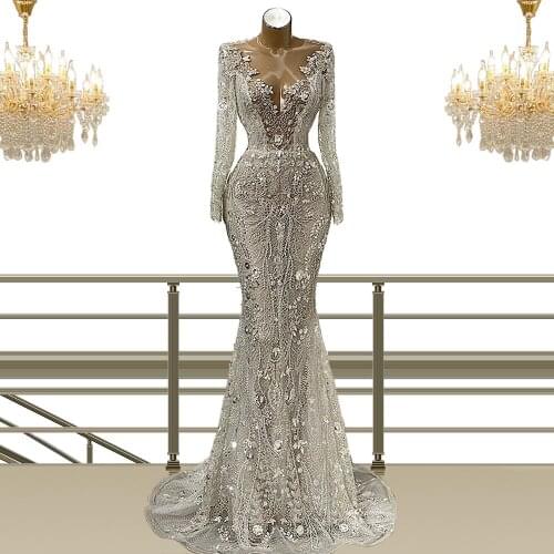 Sereia de mangas compridas Prata vestido de noiva Sweep Train Long Sleeves Silver Lace Bride Dress