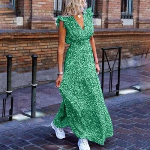 Vintage elegant women dress Summer sexy v neck ruffle sleeve print maxi dress Green blue red Lady beach holiday dress