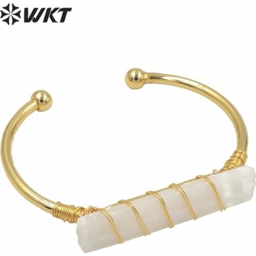 WT-B567 Fashion women open brass gold plated bangle long white selenite bangle with wire wrapped new design cuff bangle