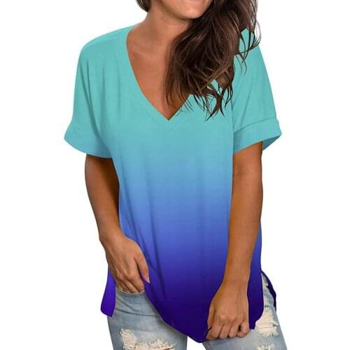 Women T-shirt V Neck Tie Dye Top Short Sleeve Gradient Color Loose Blouse Summer Female Shirt Tee Streetwear Women‘s Clothes