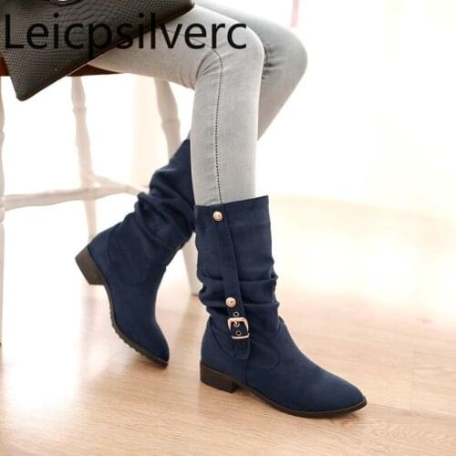 Womens Boots Autumn And Winter The New Flock Metal Decoration Pointed Low-heeled Middle tube Womens shoe plus size 33-44