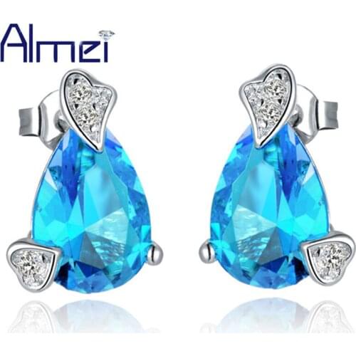 Almei Ear Cuff Heart Earrings For Women Red Crystal Silver Color Studs Earrings With Blue Purple Stone Jewelry Orecchini R410