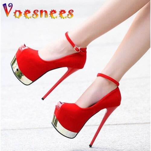 Voesnees Platform Women Pumps Concise Solid High Heels17 cm Wedding Shoes Womens Peep Toe Shallow Black Red Sexy Party Shoes