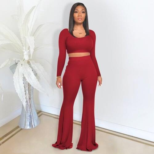 Two-piece Set Women Fashion Sexy Solid Color O Neck Slim Long Sleeve Crop Top Casual Flared Pants Matching Sets Female Outfits