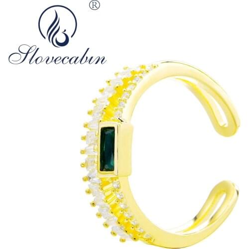 Slovecabin 925 Sterling Silver Green Zircon Double Circle Adjustable Women Gold Ring Luxury Crystal Valentines Day Hot Jewelry