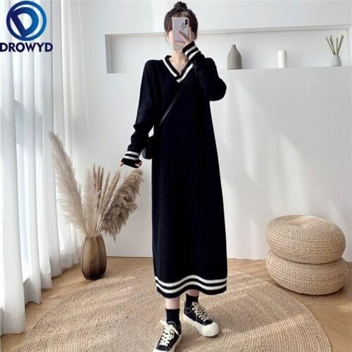 2021 Autumn/winter New Style V-neck Loose and Thin Inner Sweater Skirt Female Long Knitted Thick Dress Stretch Pullover Dresses