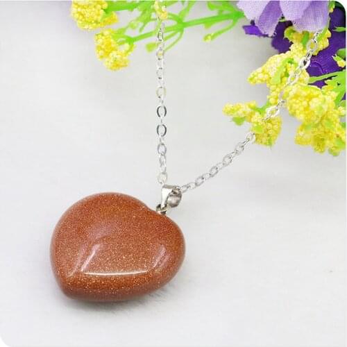 25mm Heart Natural Goldsand Stone Pendant Necklace Natural Women Ornaments Alloy Short Chain Girls Gifts Jewelry Making Design