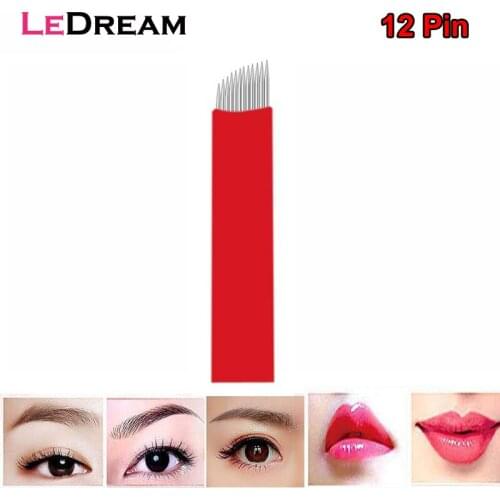 5PCS/lot Red 12 Pin Slant Microblading Tattoo Needles Micro Blades Cartridges Tips For Permanent Eyebrow Makeup Manual Pen