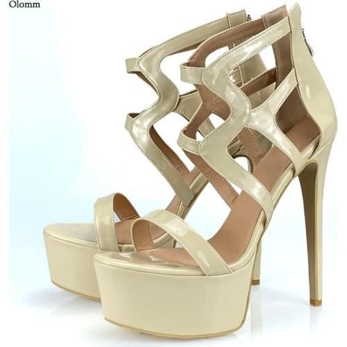Olomm Handmade Women Sandals Patent Hollow Out Stiletto Heel Back Zipper Open Toe Pretty 9 Colors Party Shoes Size 5-20