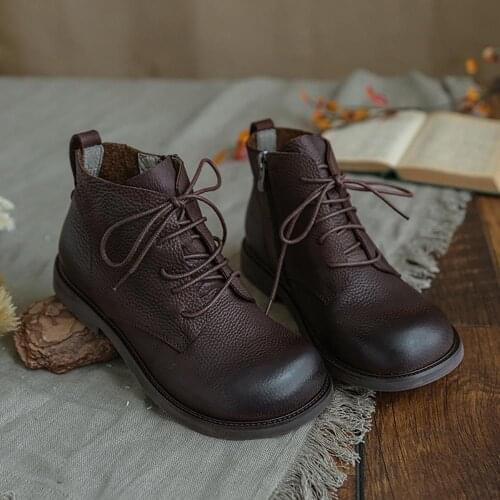 2020 Handmade Genuine Leather Martin Boots Lace-Up Combat Boots Retro Chunky Ankle Boots