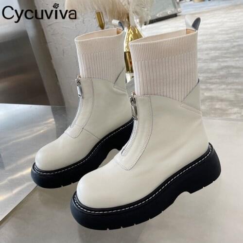 White Leather Platfiorm Mid-calf Boots Women Elastic Patchwork Knit Boots Casual Shoes Thick Sole Flat Knight Boots Botas Mujer