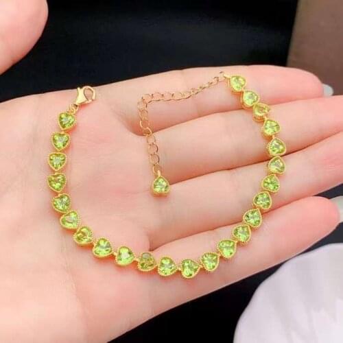 Elegant romantic heart Peach natural olivine Bracelet Natural green peridot bracelet S925 silver women party gift fine jewelry