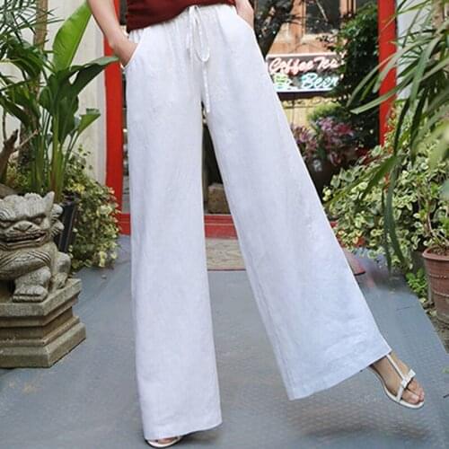 Casual Pants Top Quality Linen Trausers Spring Summer New Arts Style Women High Waist Wide Leg Pants 100% Linen Loose