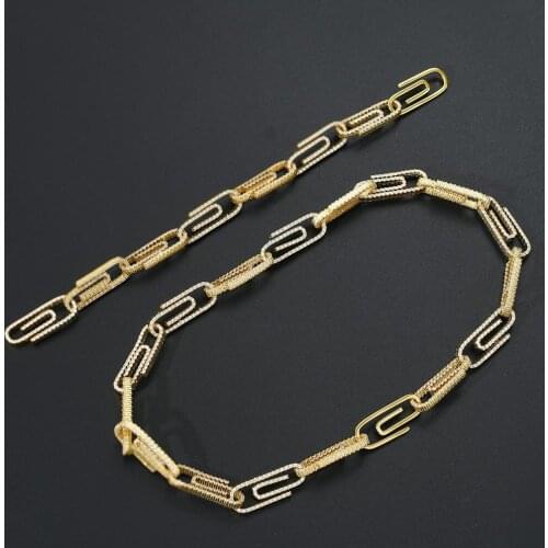 Hip Hop AAA+ Cubic Zirconia Set Bling Iced Out Paper Clip Pin Link Chain Necklaces Men Women Rapper Jewelry Gold Silver Color