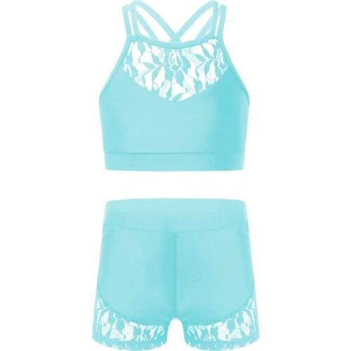 Kids Girls Lace Summer Outfits Strappy Cross Sleeveless Halter Neck Bra Top Crop Top Shorts Bottom for Dance Gymnastics Set