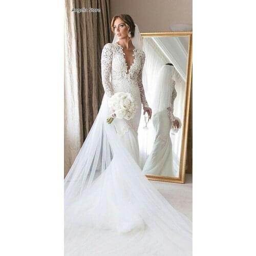 Elegant Lace Mermaid Wedding Dress For Bride Sheer V-Neck Full Sleeve Long Country Beach Bridal Gowns Custom Made