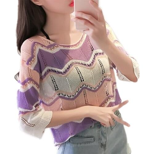 Summer Striped Mesh Top Casual Hollow Out O-Neck Kawaii Womens Clothing T Shirt Streetwear Fashion Tops Plus Size Tees Tshirt
