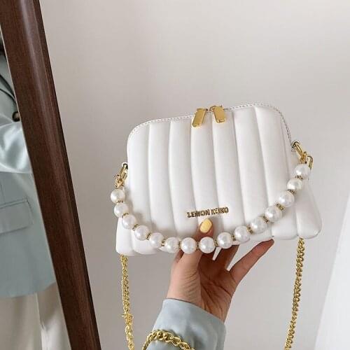 Small Lattice PU Leather Crossbody Bags for Women 2021 Spring Luxury Trendy pearl Chain Travel Shoulder Handbags and Purses