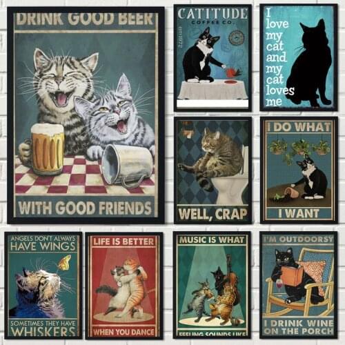 CUTE CAT Before Coffee After Canvas Painting Cat Poster Print Vintage Tin Metal Sign Bar Club Cafe Garage Wall Farm Art Decor