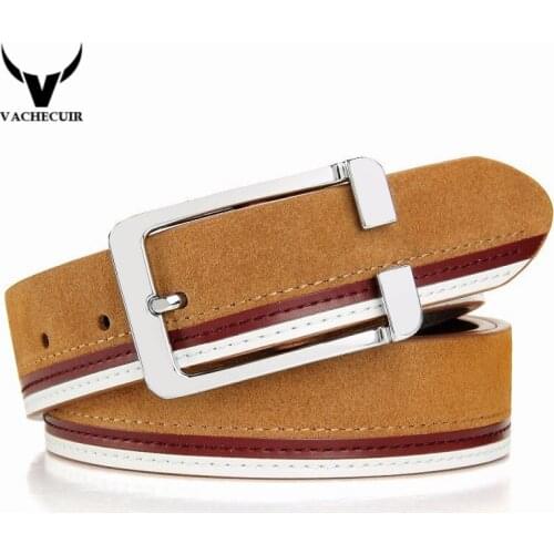 VACHECUIR Designer belts men high quality cowskin Suede luxury genuine leather belts for men,strap metal pin buckle mens belt