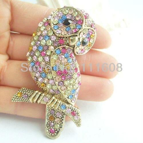 Charming Bird Owl Brooch Pin w Multicolor Rhinestone Crystals EE04902C8