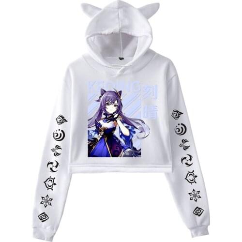 Popular White Hooded Genshin Impact Hoodies Women Kawaii Crop Tops Cat Ear Sweatshirts Casual Spring Autumn Girls Pullovers