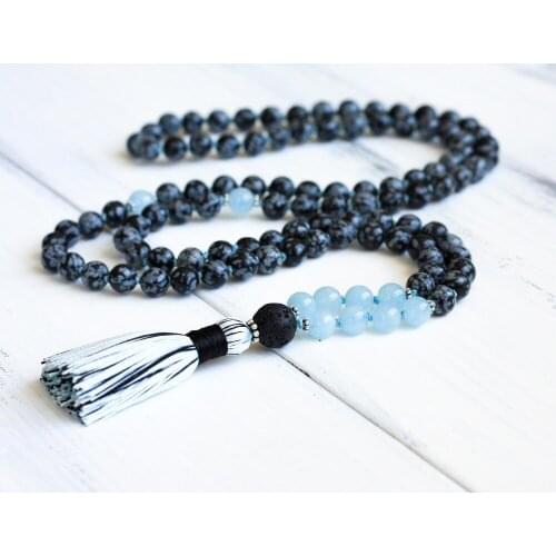 Snowflake 108 Mala Beads Necklace Bule Stone Mala Necklaces Japa Mala Prayer Bead Tassel Necklace Yoga Jewelry Knotted Necklaces