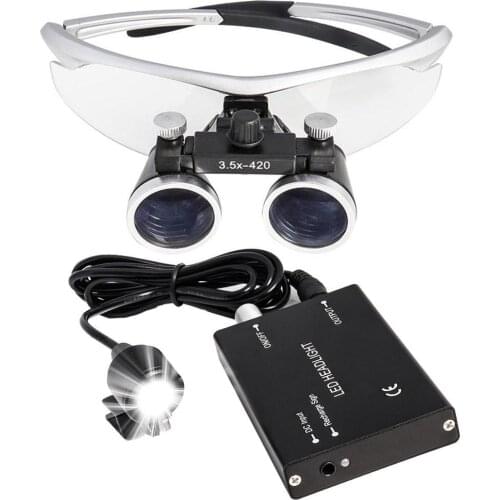 3.5x420mm Head Wearing Dental Loupe Ultralight Binocular Magnifier Lab Medical Loupe Dental Magnifier Silver With 3W Headlight