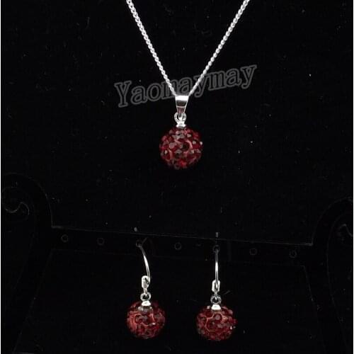 Dark Red Disco Ball Pendant Earrings And Silver Plated Necklace Crystal Jewelry Set 10 Sets Wholesale