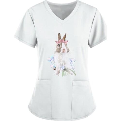 Women Blouse Short Sleeve V-neck Scrubs Tops Working Uniform Easter Bunny Print Cute Cartoon Pocket Blouse Casual Nurse Clothes