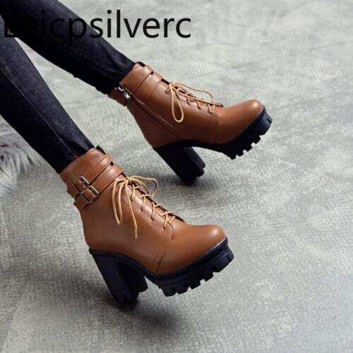 Womens Boots The New Autumn And Winter Round head fashion zipper Lace-up belt buckle High heel Short tube Womens shoes 32-40