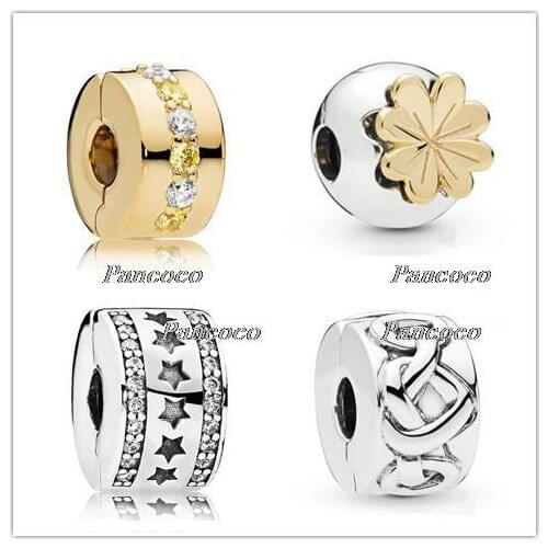 925 Sterling Silver Bead Charm Gold Color Shining Clover Stopper Clip Beads Fit Pandora Bracelet & Bangle Diy Jewelry