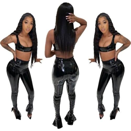 Sexy Tank Top Pu Leather Two Piece Set Bottom Slit Flare Pants Women Night Party Club Outfits Summer Spring Active Wear Clothes