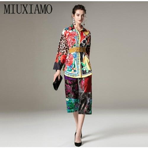 MIUXIMAO 2021 Spring Autumn Fashion Flower Print Long Sleeve Belt Blouse + Pants Office Lady Suit Women Vestidos