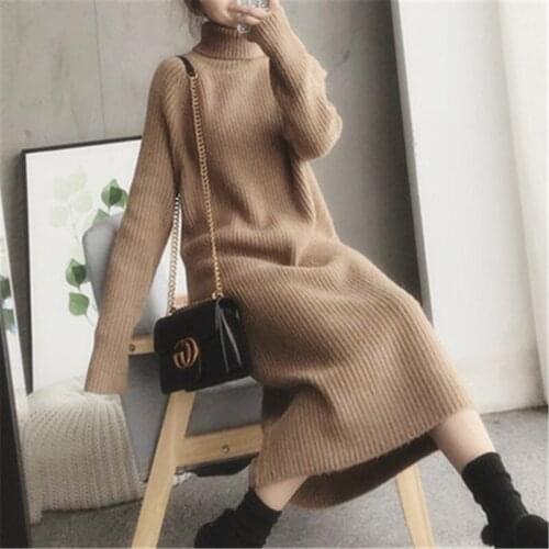 2021 New Women Turtleneck Sweater Long Section Over The Knee Thick Korean Version Loose Wild Warm Dress Knitted Pull Femme Hiver