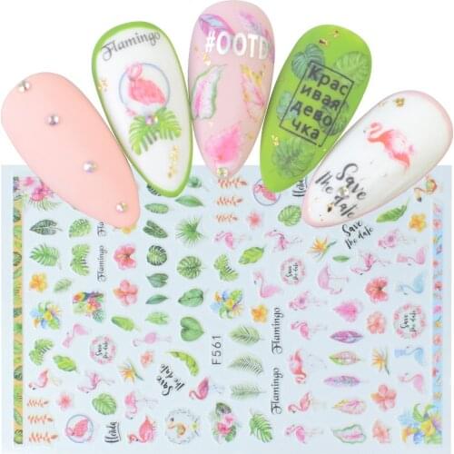Nail Stickers Green Leaf Flamingo Flowers Cactus 3D Self Adhesive Decals Nail Art Decorations Wraps Flakes Sliders DIY Manicure