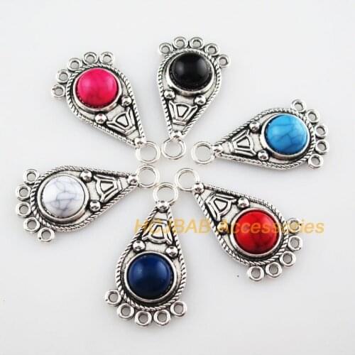 12 New Teardrop Mixed Charms Connectors Stone Tibetan Silver Pendant 19x35mm