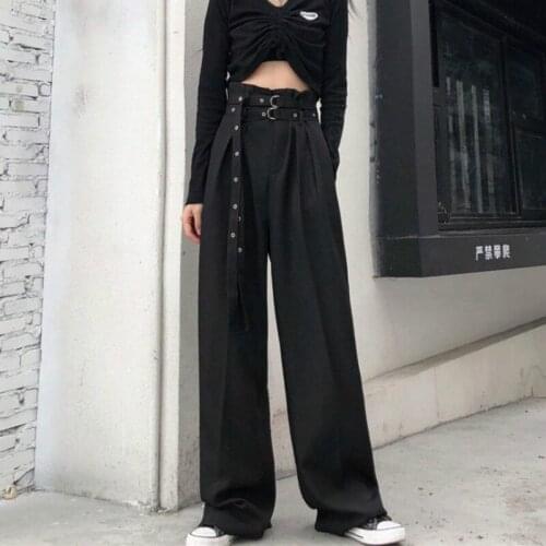 Black Casual Pants Woman High Waist Wide Leg Pants Harajuku Korean Loose Pants with Belt for Women Baggy Fashion Streetwear Cool
