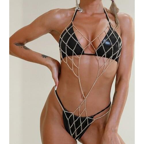 Fashion Sexy Siamese Bikini Body Chain Women Nightclub Backless Metal Hollowout Halter Bra Chain Dance Performance Jewelry