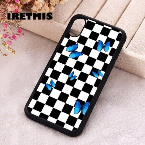 Iretmis 5 5S SE phone cover cases for iphone 6 6S 7 8 Plus X Xs XR 11 12 MINI Pro Max Silicone CHECKERFLY Blue Check Butterfly