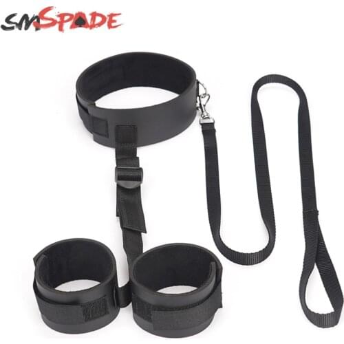SMSPADE Black Soft Handcuff Collar-to-Wrist Cuffs Bondage Adult Sex Toy for Couples Restraints Slave Fetish Sex Toys Games