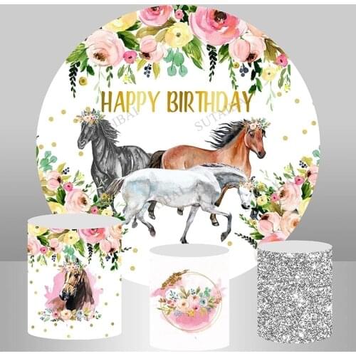 Photography Horse Circle Round Backdrop Watercolor Flowers Girls Birthday Party Background Decor Cake Table Banner Background