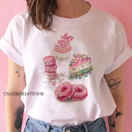 Kawaii Style Women T Shirts Delicious Breakfast Cake Donuts Print Basic Tshirt Streetwear Cotton Tops Female T-Shirt Tee T-Shirt