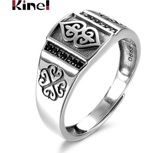 Kinel 925 Silver Men Rings Black Zircon Stone Cool Retro Vintage Turkish Ring Wedding Men Jewelry Curved Design Adjustable Size